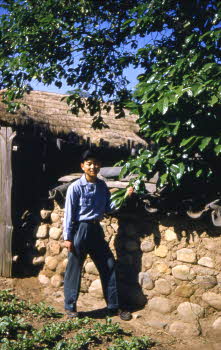 Korean house boy and thatched house