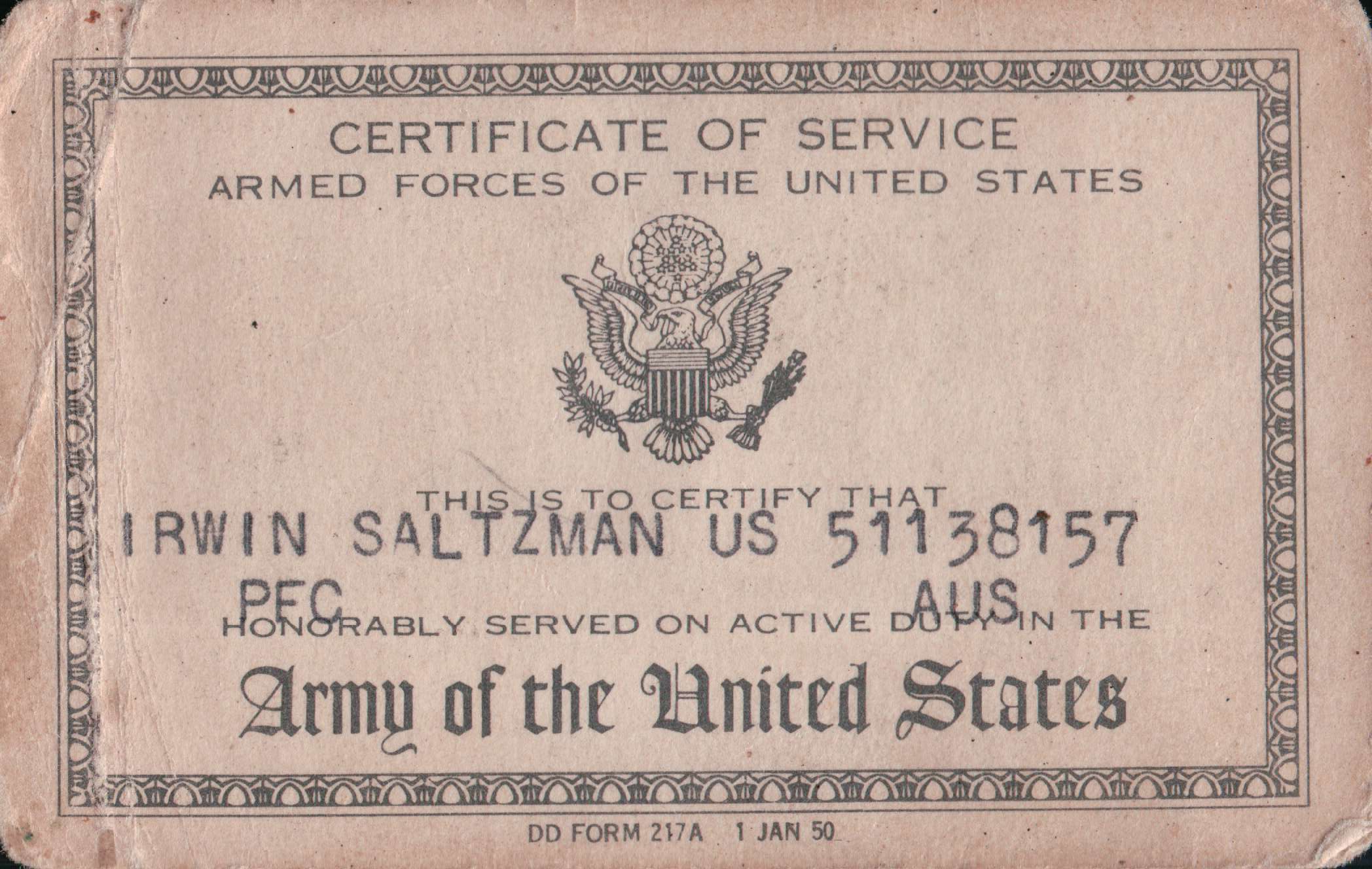 Certificate of Service Front