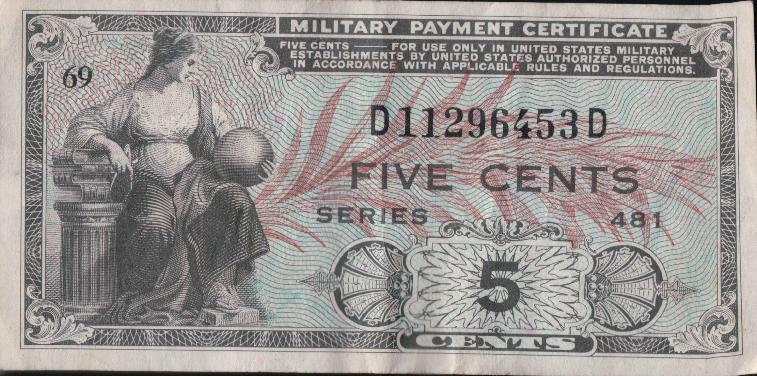 Front of Military Script for Five Cents 