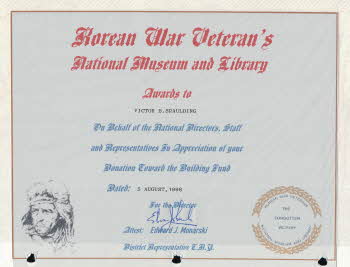 Award from Korean War Veteran's National Museum and Library 