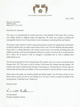 Acknowledgement letter by the president of the Republic of Korea, Lee Myung-bak