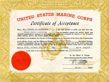 Certificate of Acceptance by US Marine corps