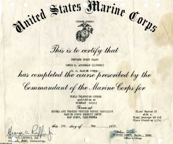 Certificate for completing Field Telephone Course