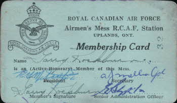 R.C.A.F station, North Bay Airmen Membership Card (back)