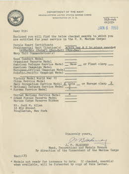 List of awards for Jack Allen's service in the U.S. Marince Corps (1)