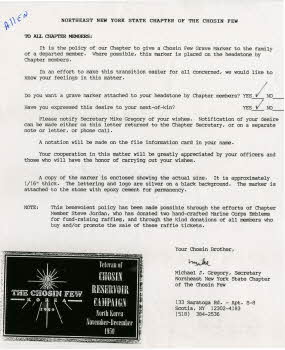 Letter from Northeast New York state Chapter of the Chosin few