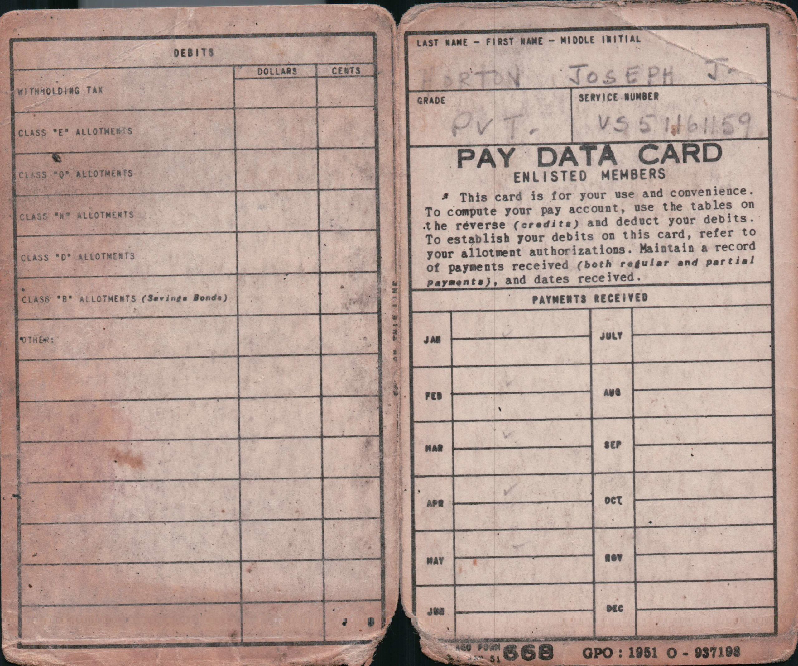 Front of Pay Data Card