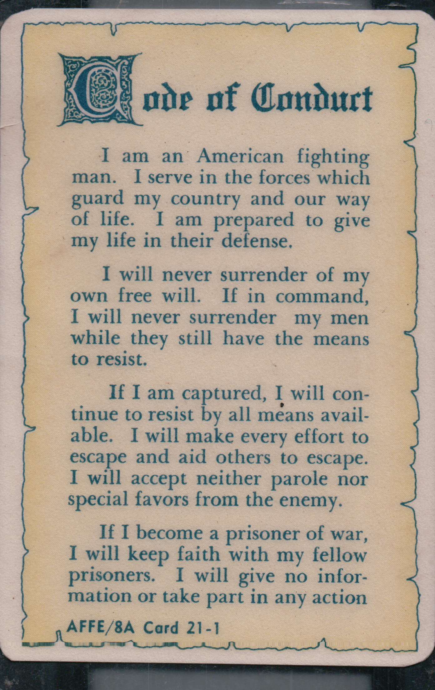 American Code of Conduct when fighting in war back