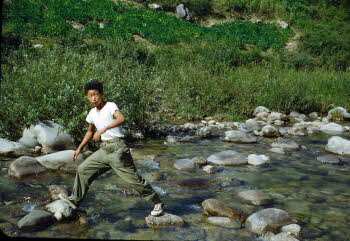 Korean guide crossing a stream on stepping-stone
