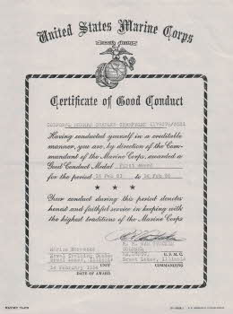 Certificate of Good Conduct by United States Marine Corps