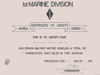 Certificate of safety for Norman Champagne for having driven military motor vehicles safely in the 1st Marine Division.