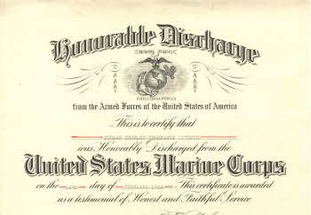 Certificate for Norman Charles Champagne to be honorably discharged from the US Marine Corps