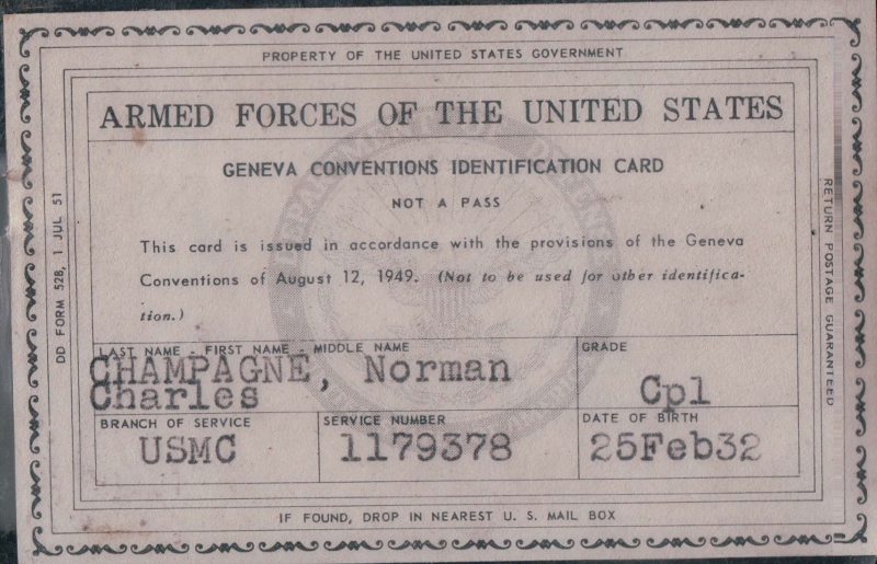 Champagne's Geneva Connections Identification Card, which was the only form of identification given to the opposing side if captured. 