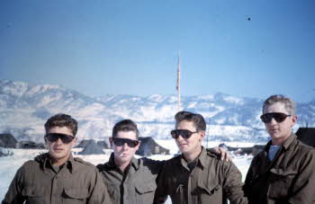 Co. D 17th Infantry REGT. M.G. platoon men with sunglasses (L~R) PLTN. SGT. Carl cook, P. Doyle, SGT. F. Staton, SGT. John Berns