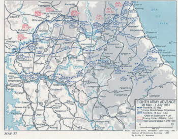 Battle map from 20 May to 1 July 1951 (Eighth Army Advance 20 May - 1 July 1951: Frontline on 20 May, Corps Road Center Objectives, Frontline on 15 Jun - 1 Jul, Order of Battles as of 1 Jul, Enemy Order of Battle 1 Jul, High Ground above 1,000 Feet )