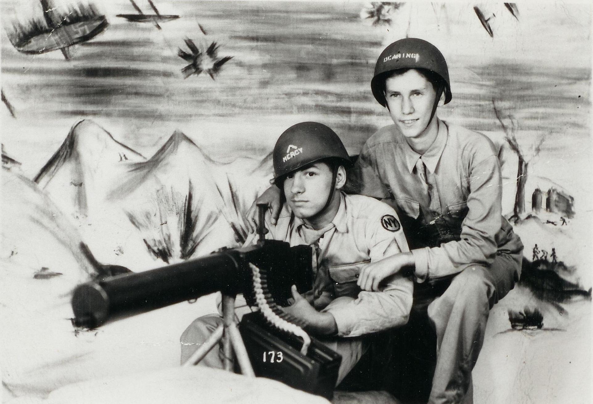 A picture of Robert Mercy behind the machine gun at age fourteen after he lied about his age and joined the NY National Guard with his twin brother Richard.