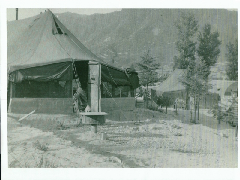 A picture of an Army tent in Sambatt Village in the 32nd Engineer Group HQ. Taken in 1954.