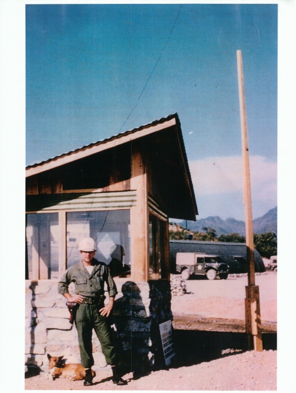 Nuzzo on guard duty in front of the camp in Sambatt Village. Taken at the 32nd Engineer Group HQ near Chuncheon at 1954.