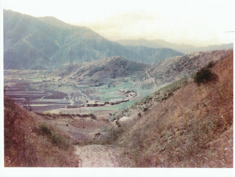 A view of Sambatt Village near Chuncheon from a distance. Taken in 1954.