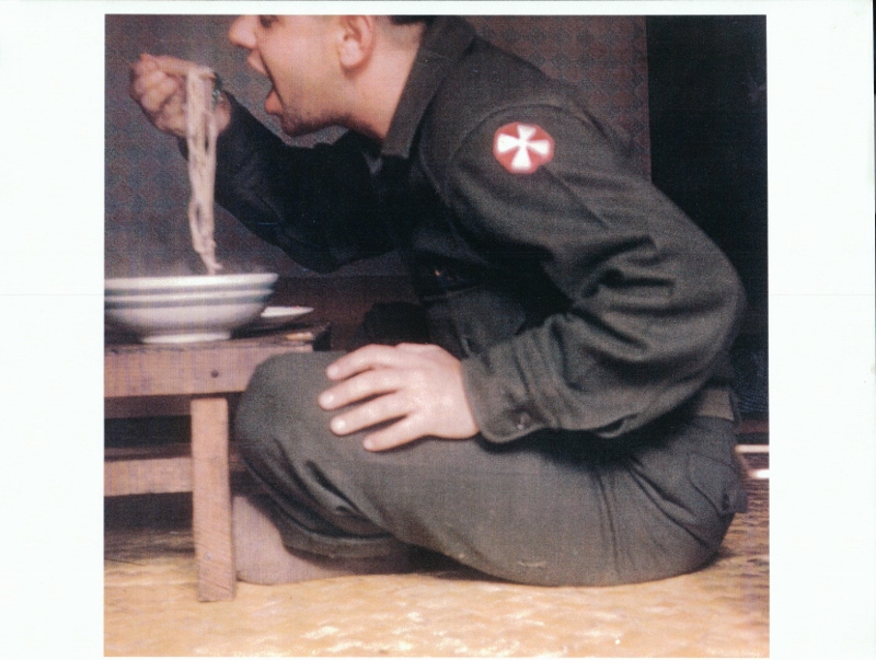 Nuzzo eating/enjoying a good bowl of Korean noodles in Sambatt Village (near Chuncheon) in 1954.