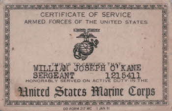 Certificate of Service for William Joseph O'Kane to serve on active duty in the USMC from 29 August 1951 to 28 August 1953