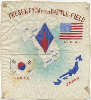 Handkerchief with a map of Korean peninsula is painted on it, Mr. Bill O'Kane bought it from a Korean woman during Korea War