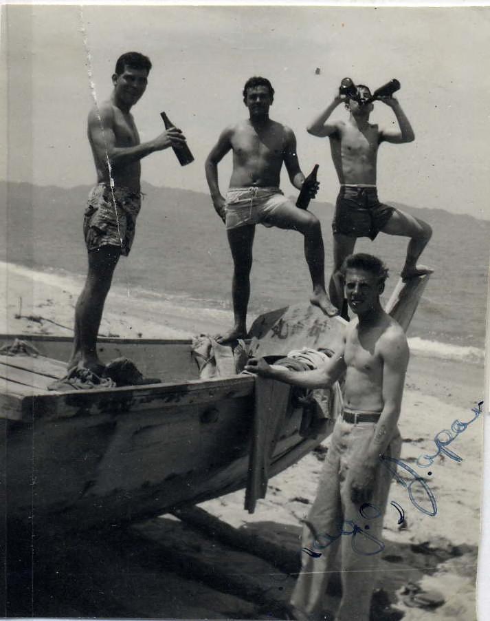 [Front]: b/w digital print of Ayon [left] and unidentified men on a beach, Nago, Japan