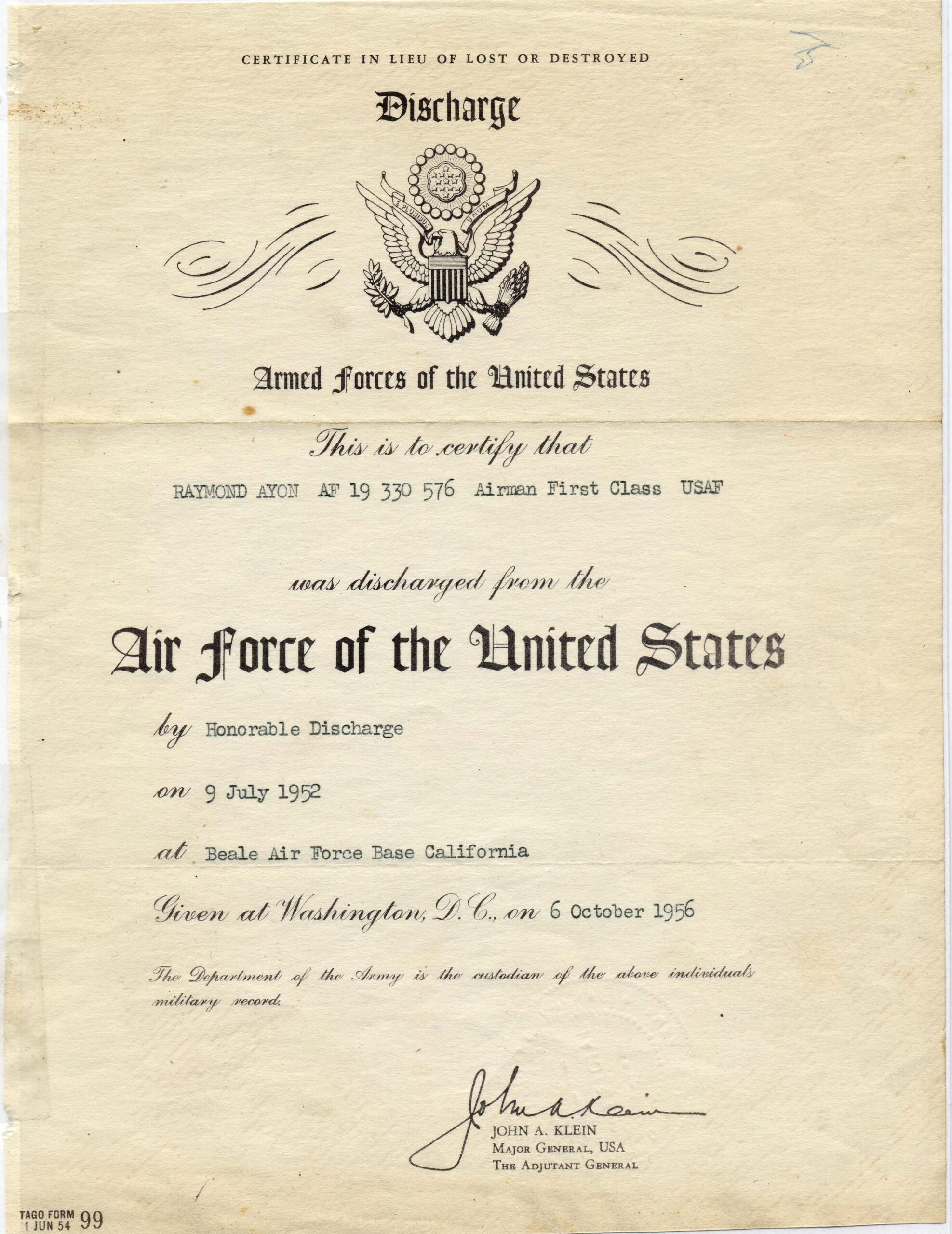 A certificate of discharge from the Air Force
