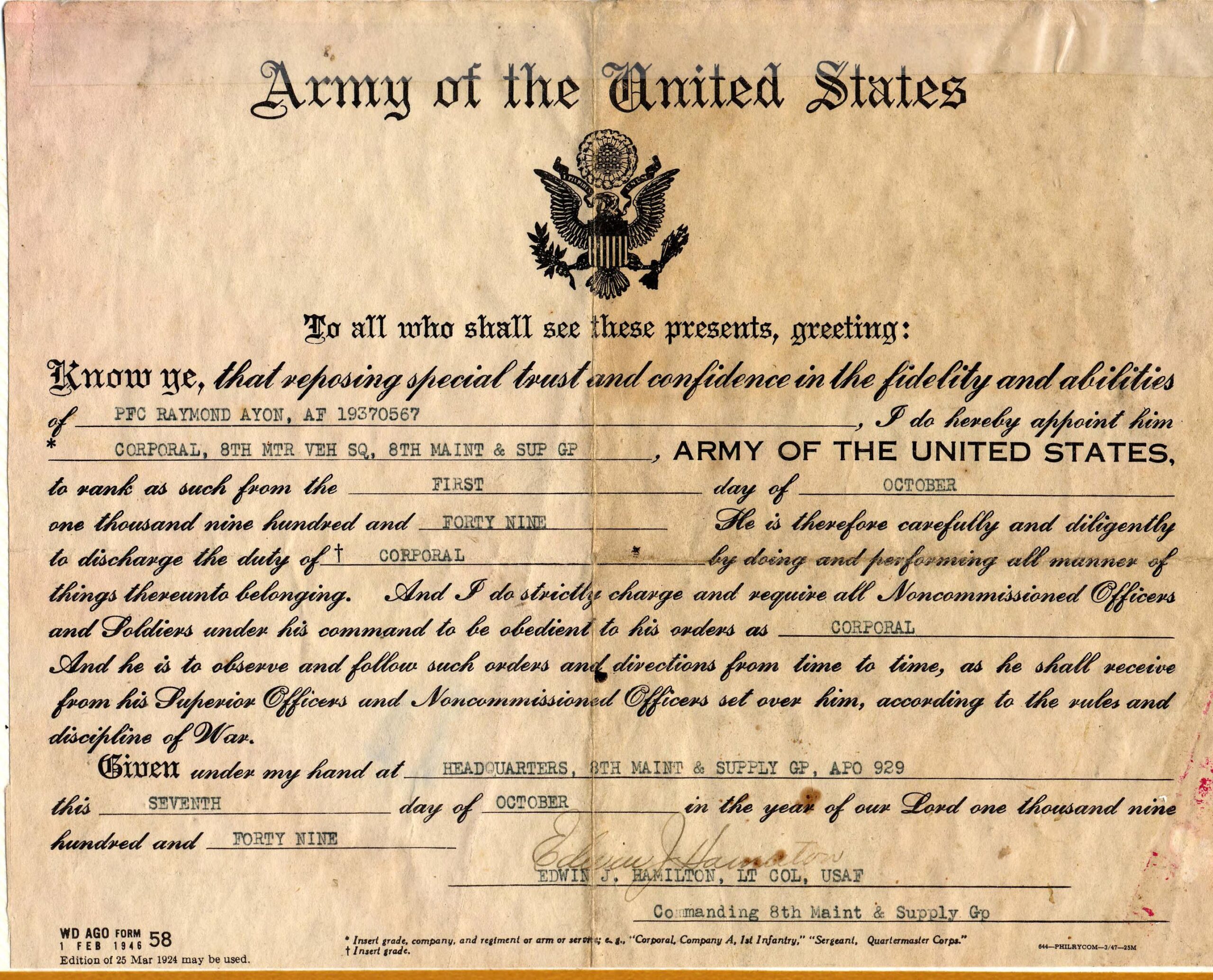 Certificate of appointment to corporal 