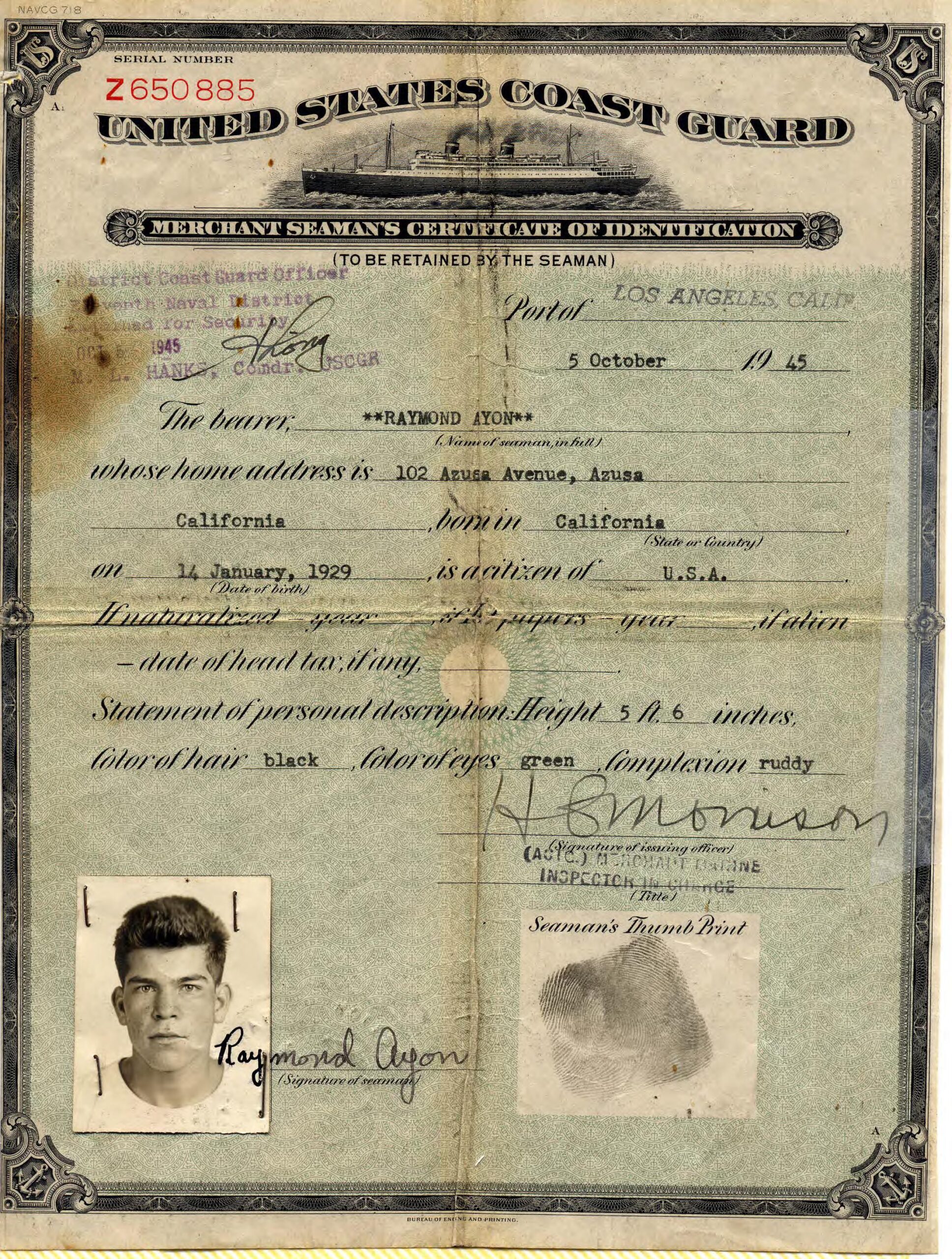 Merchant Seaman's Certificate of Identification